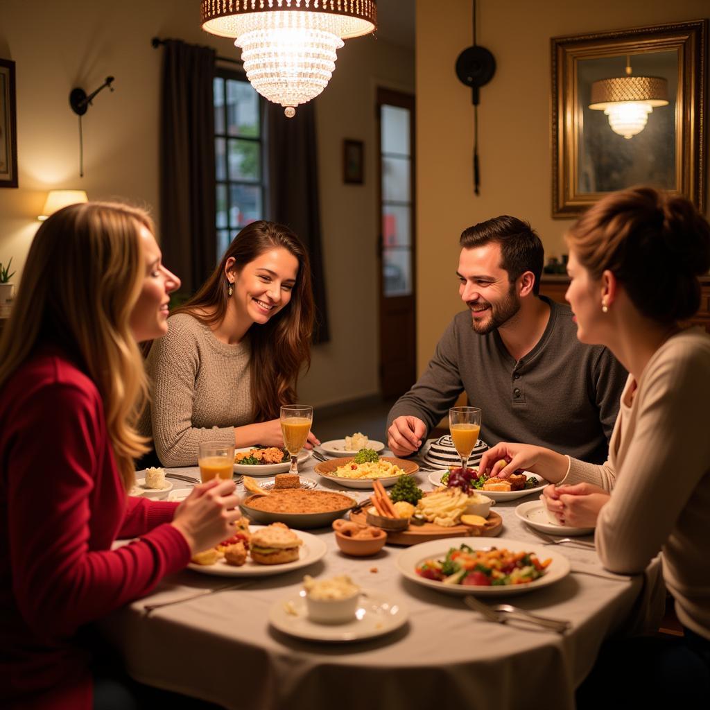 Family enjoying a traditional Spanish dinner in a homestay