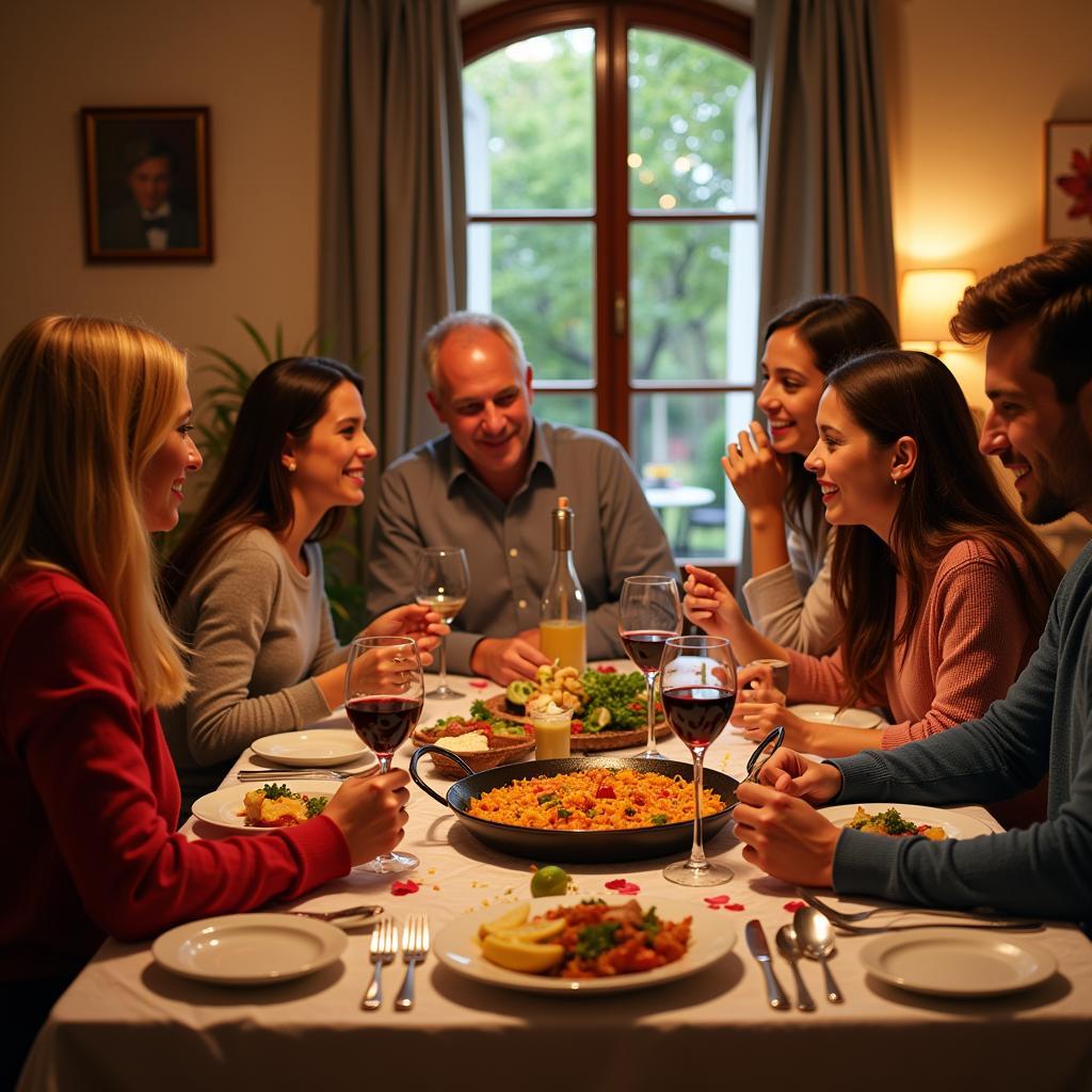 A family enjoying dinner together in a Spanish homestay