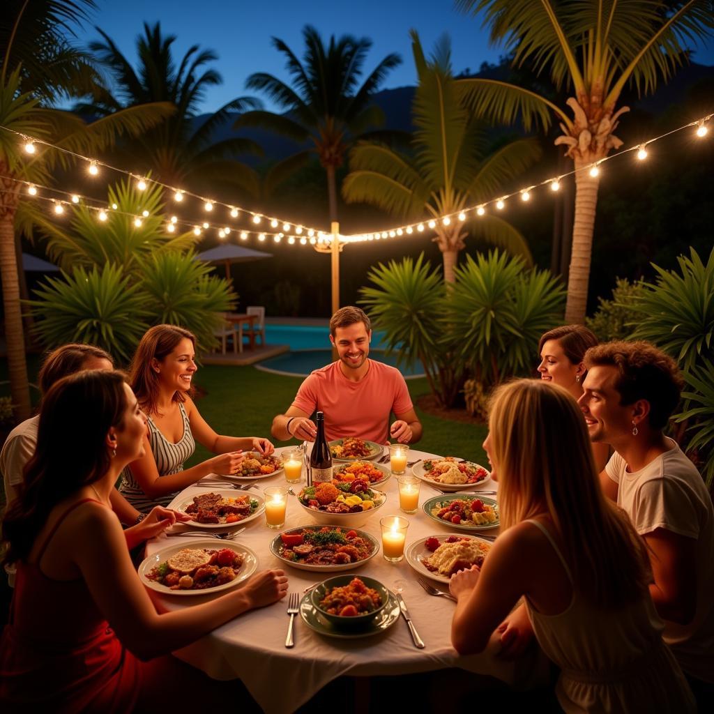 Sharing a Family Dinner in a Spanish Coconut Garden Homestay