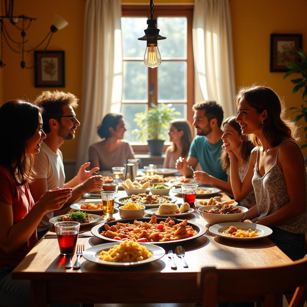 Family enjoying a traditional Spanish meal in a homestay