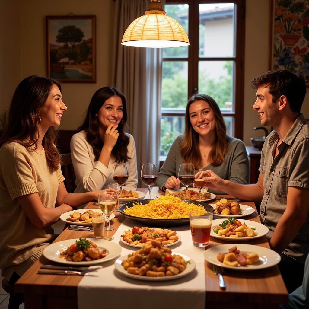 Family enjoying a traditional Spanish meal in a homestay