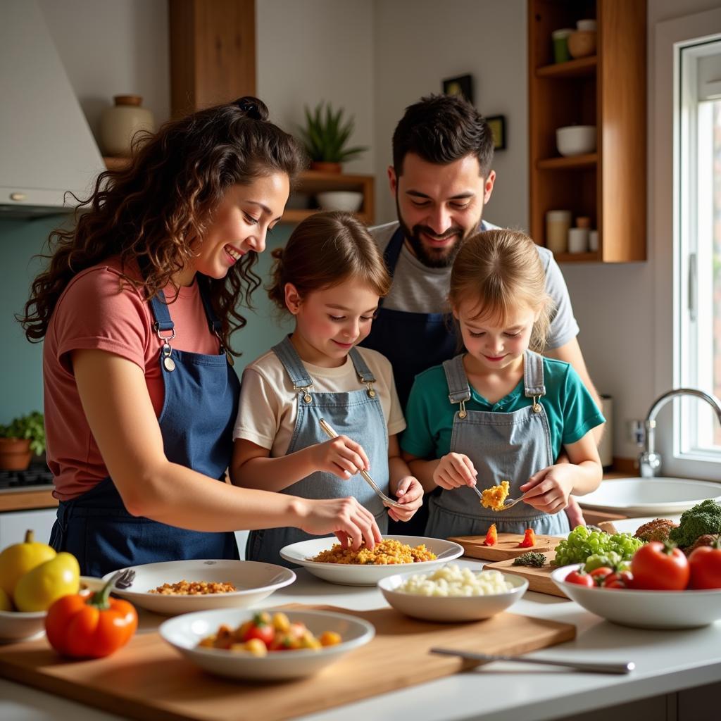 A Spanish homestay family preparing a meal together in the kitchen