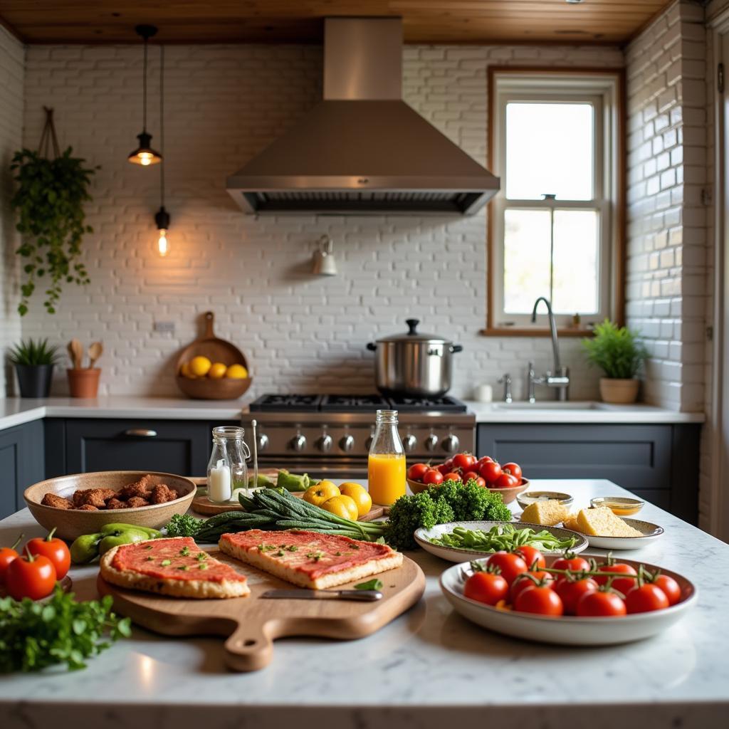 Modern and fully equipped gourmet kitchen in a Spanish homestay, featuring stainless steel appliances and ample counter space.