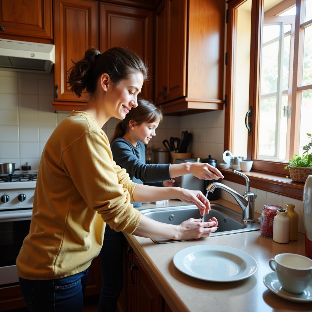 Homestay guest helping with dishes in a Spanish kitchen