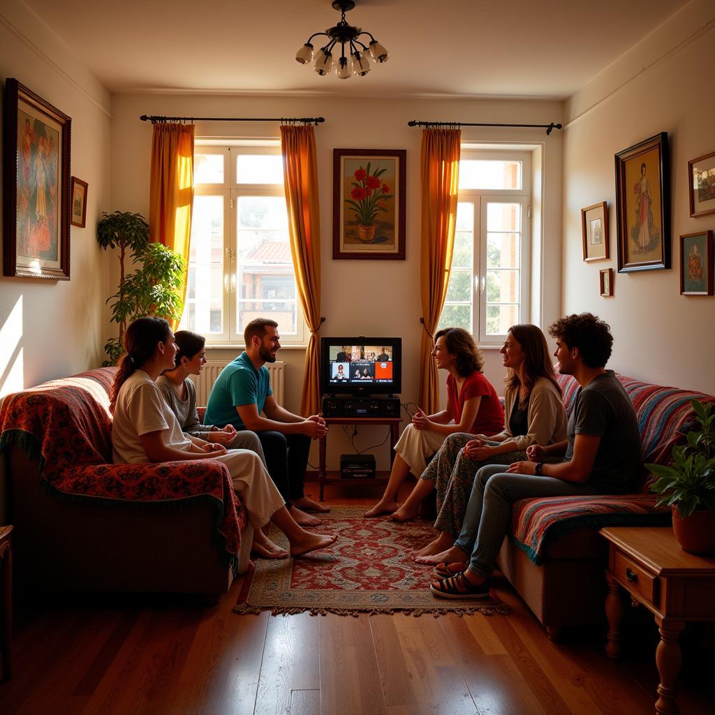 Spanish Family Enjoying Karaoke Night in Their Cozy Living Room