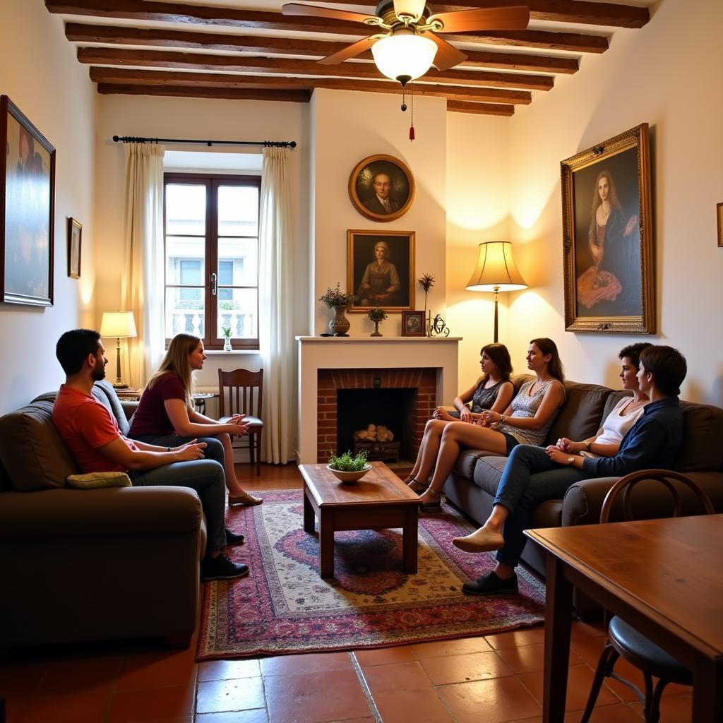 Guests relaxing in the living room of a Spanish homestay