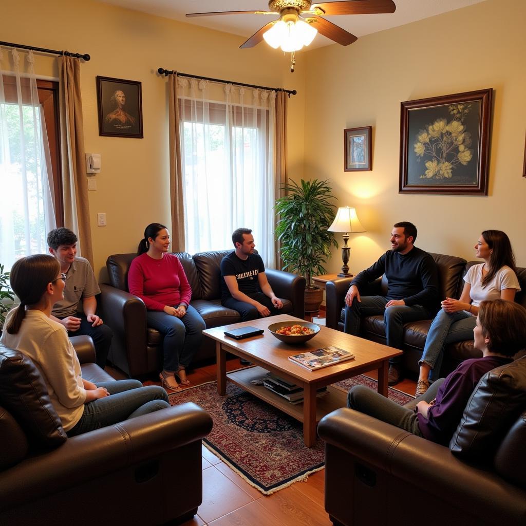 Guests and Host Family Chatting in a Spanish Homestay Living Room