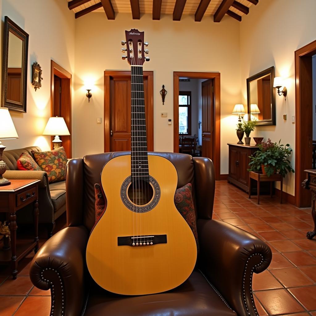 Cozy Living Room with Flamenco Guitar in Spanish Homestay