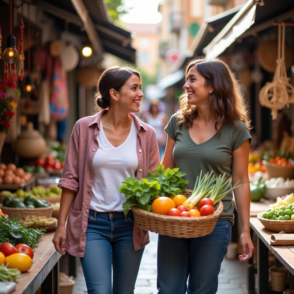 Spanish Homestay Mom and Guest Exploring Local Market