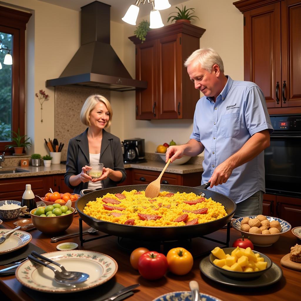 Enjoying a traditional paella cooking class in a Spanish homestay.