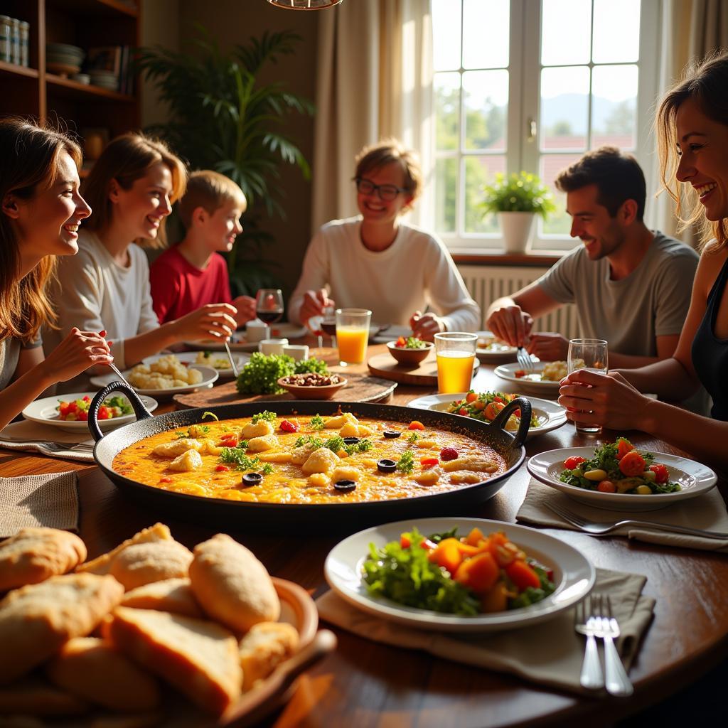 Family enjoying a paella dinner in a Spanish homestay