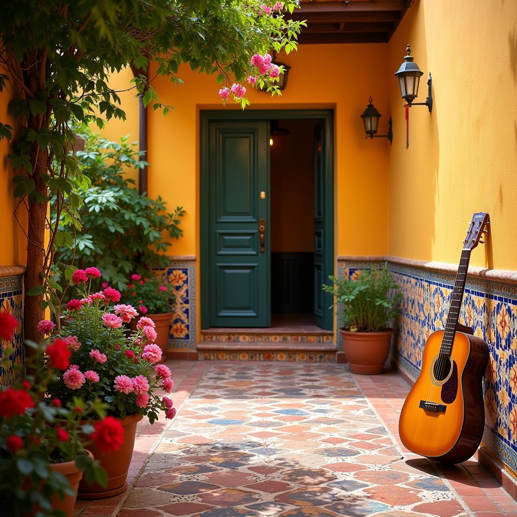 A cozy Spanish patio with a flamenco guitar resting against a wall, hinting at the cultural immersion awaiting guests.