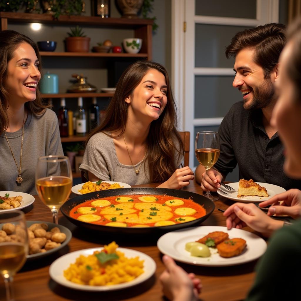 Student enjoying paella with a Spanish family in a homestay