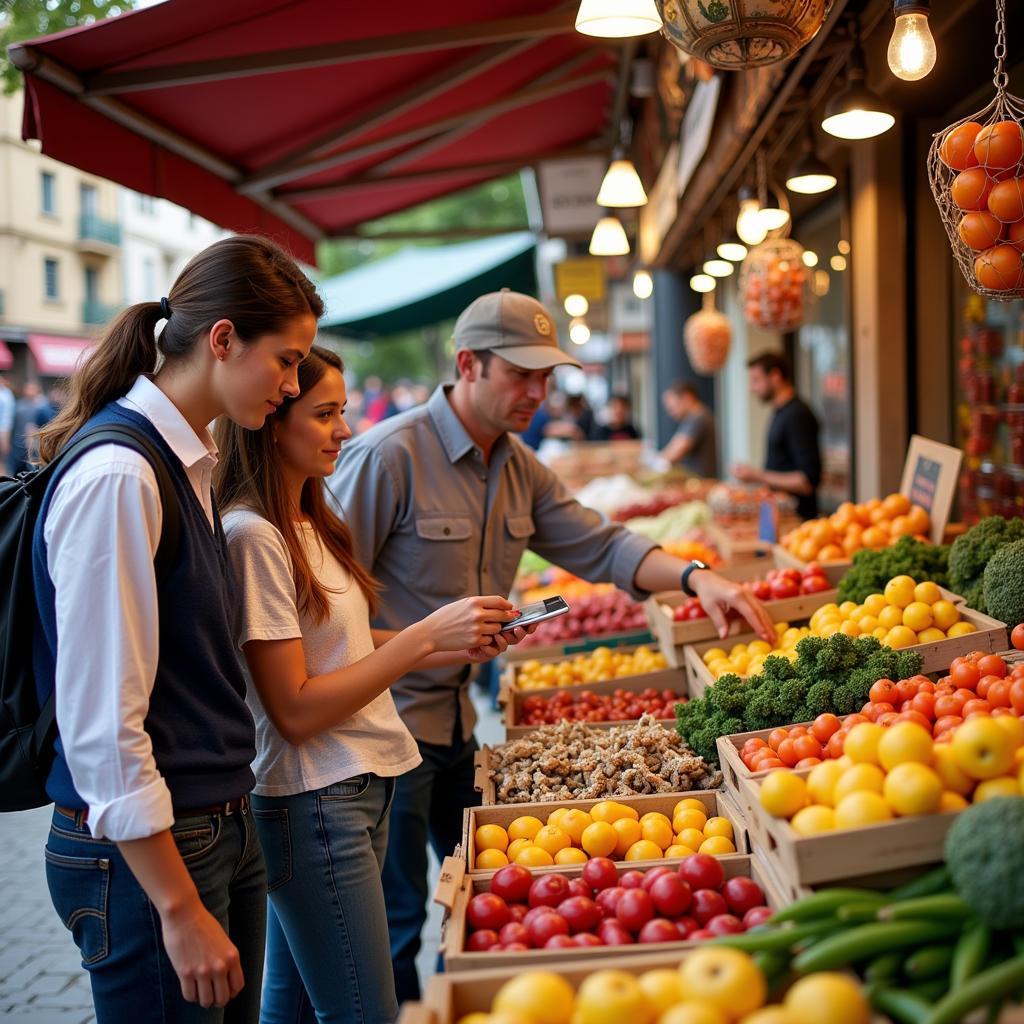 A Spanish host family shows their guest around a bustling local market, pointing out local delicacies.