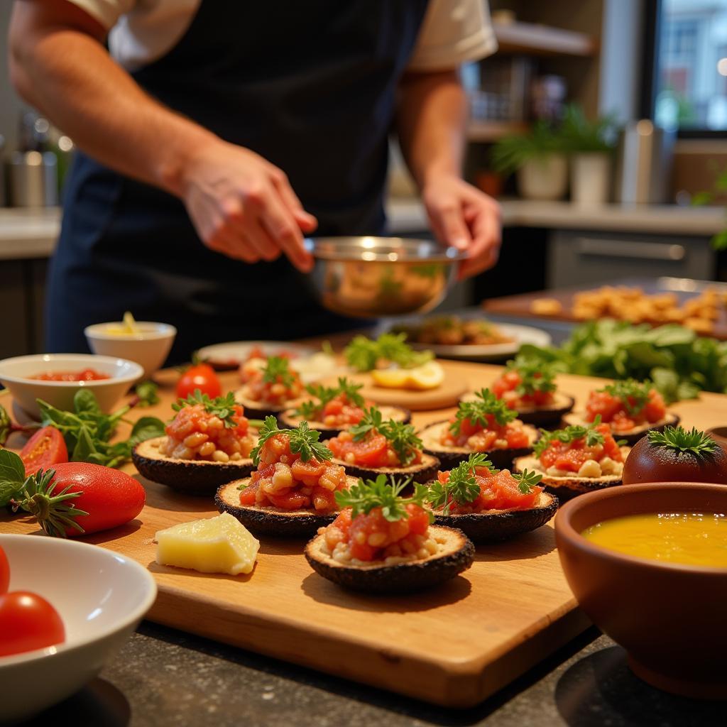 A Spanish host preparing tapas in their homestay kitchen