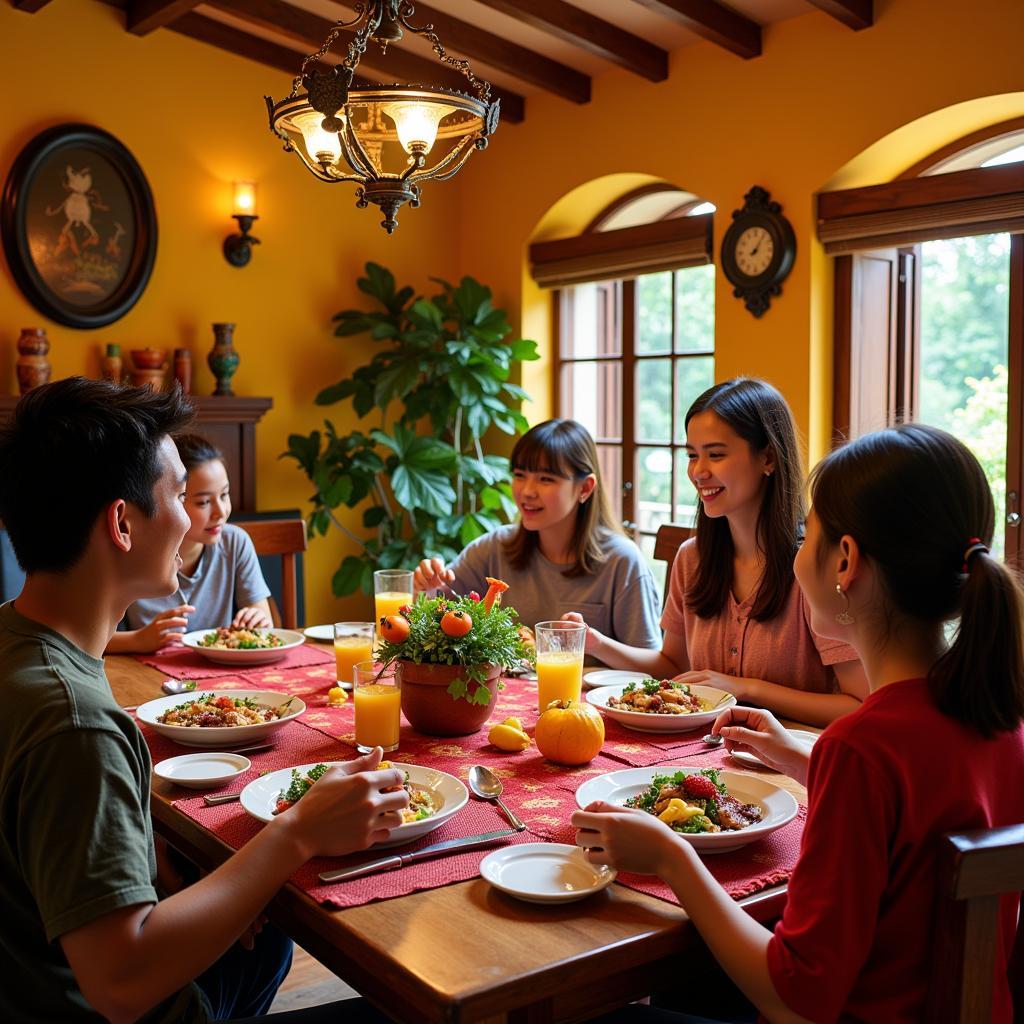 Spanish-inspired homestay in Da Lat with a family enjoying a meal together