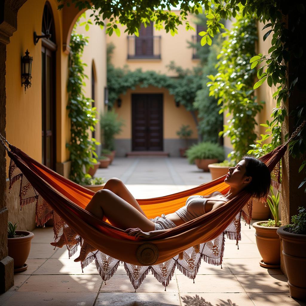 A depiction of the Spanish siesta tradition, showing someone relaxing in a hammock, enjoying the peaceful afternoon break.