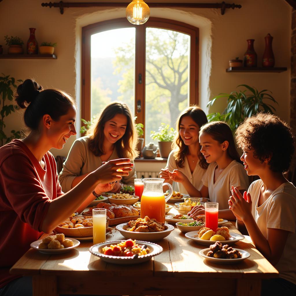 Family enjoying a meal in a Spanish village homestay