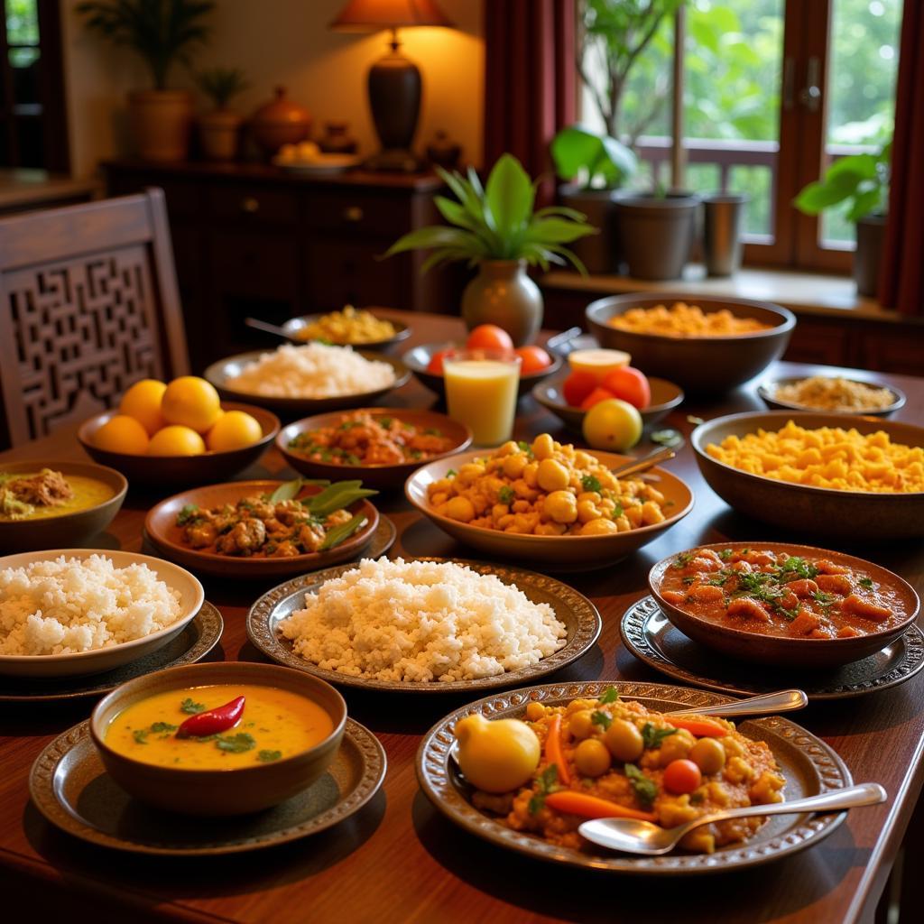 A table laden with traditional Sri Lankan dishes in a homestay setting.