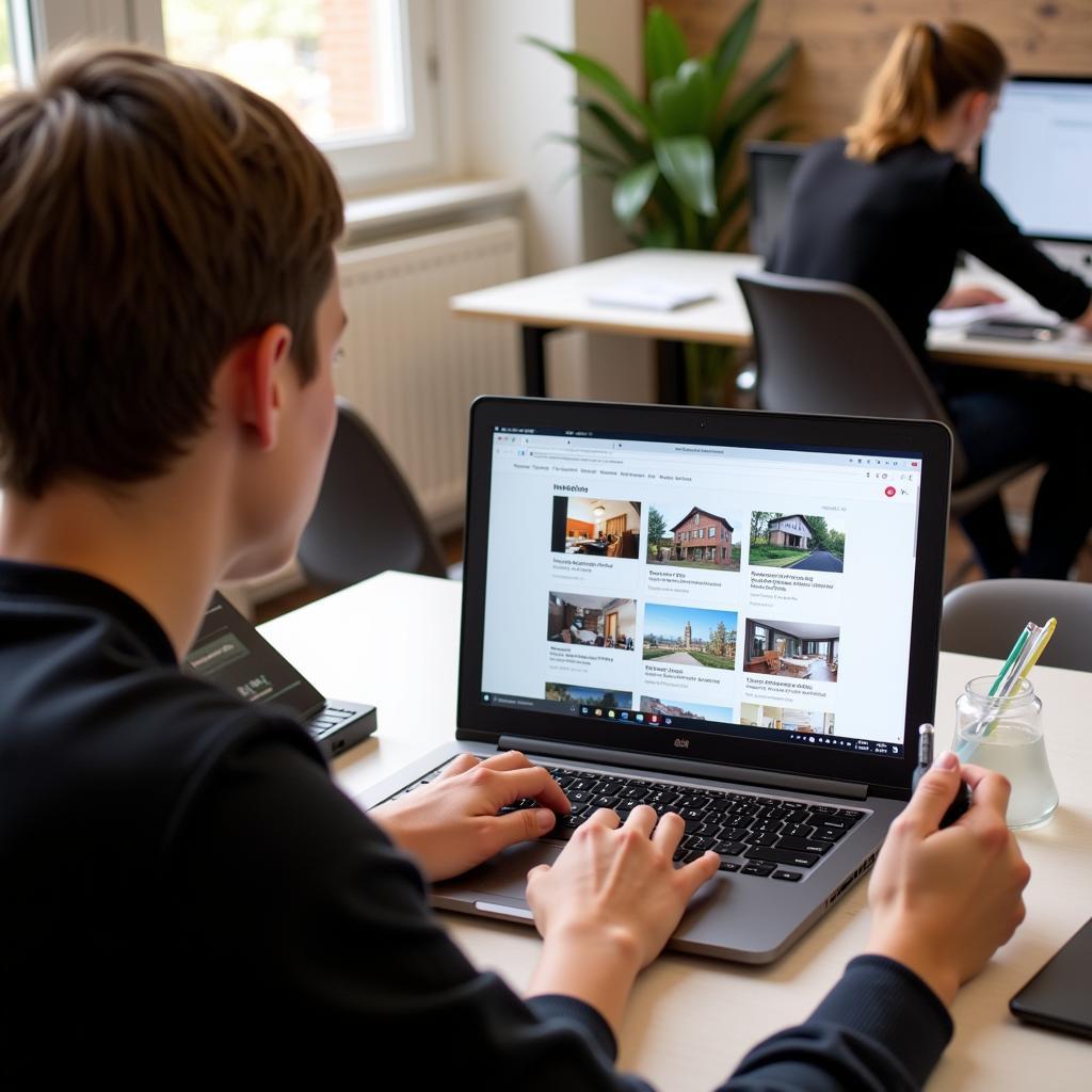 Student researching Berlin homestays on a laptop