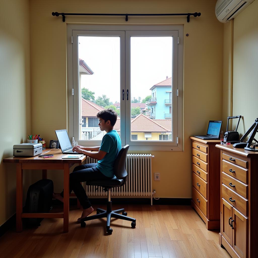 Student studying in a bright Yogyakarta homestay room