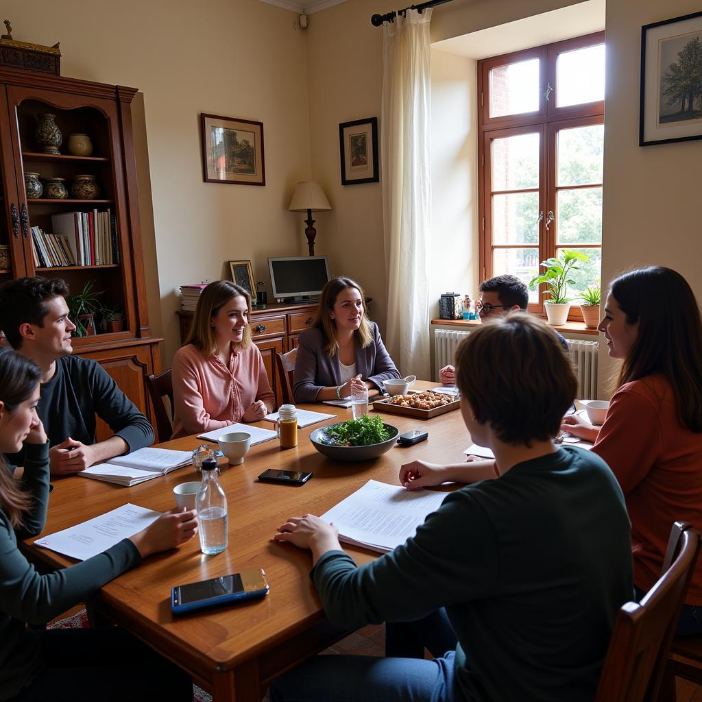 Students practicing English conversation in a relaxed setting during their Spanish homestay.