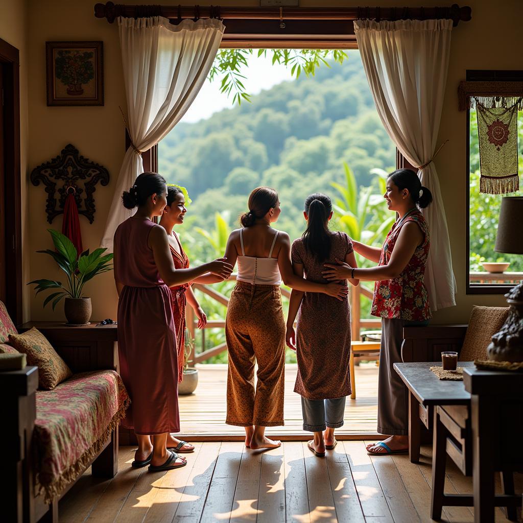 Guests being welcomed to a Sungai Tekali homestay