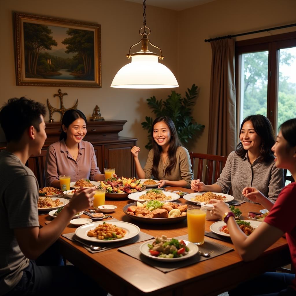 Family enjoying a traditional Malaysian dinner in a Taiping homestay