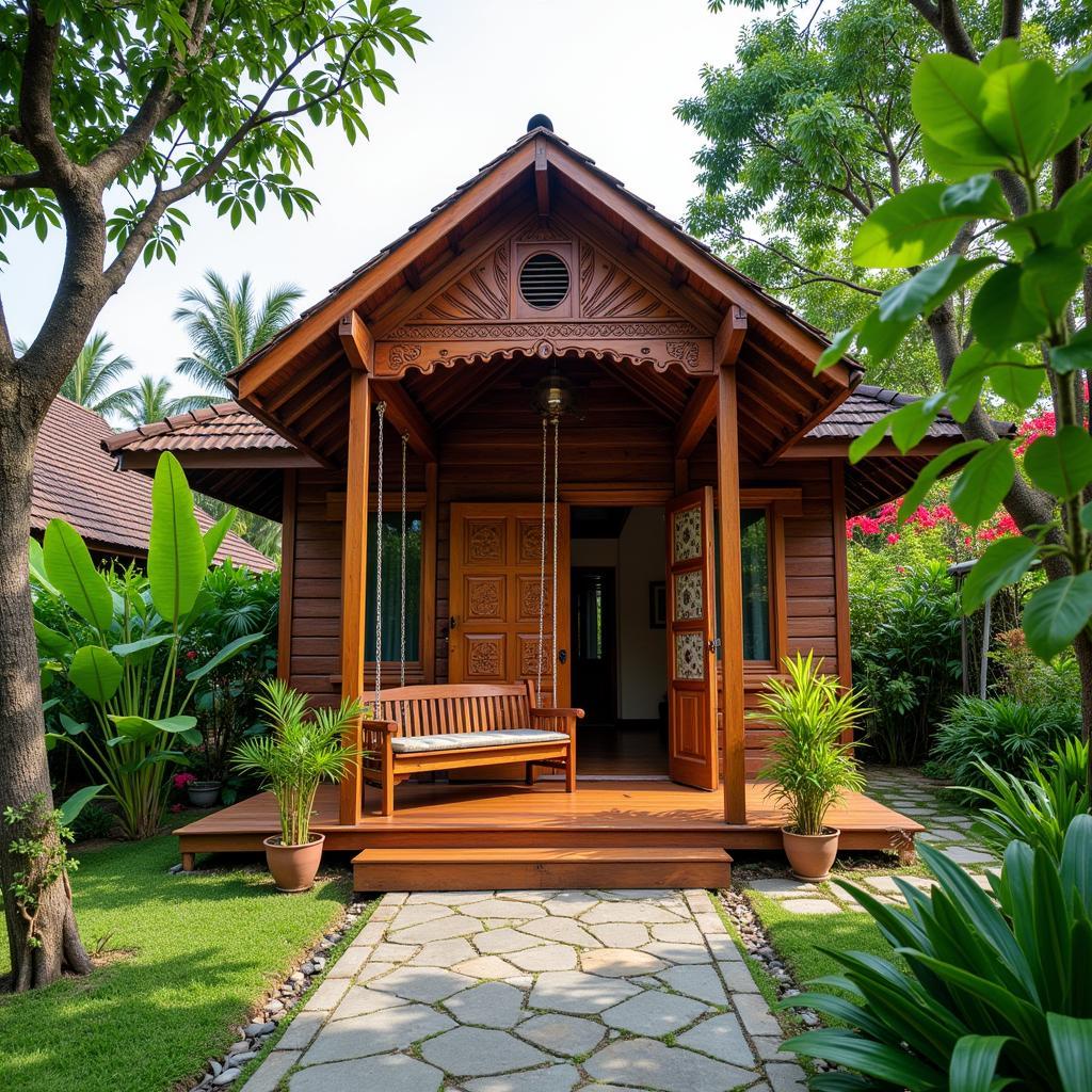 Exterior view of a traditional Malay homestay in Taman Desa Aman, Parit Buntar, showcasing its charming architecture and lush garden.