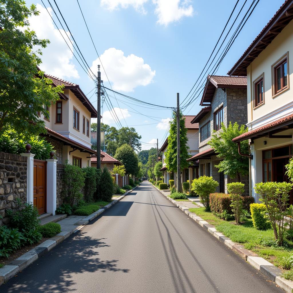 A quiet residential street in Taman Laksamana, Kota Tinggi, showcasing traditional Malaysian houses and lush greenery.