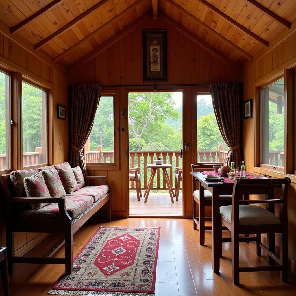 Rustic interior of a homestay cabin in Taman Langat Murni with traditional Malaysian decor.