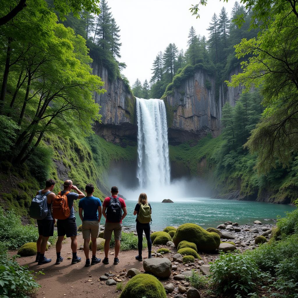 Hikers enjoying the scenic view of a waterfall in Taman Langat Murni.