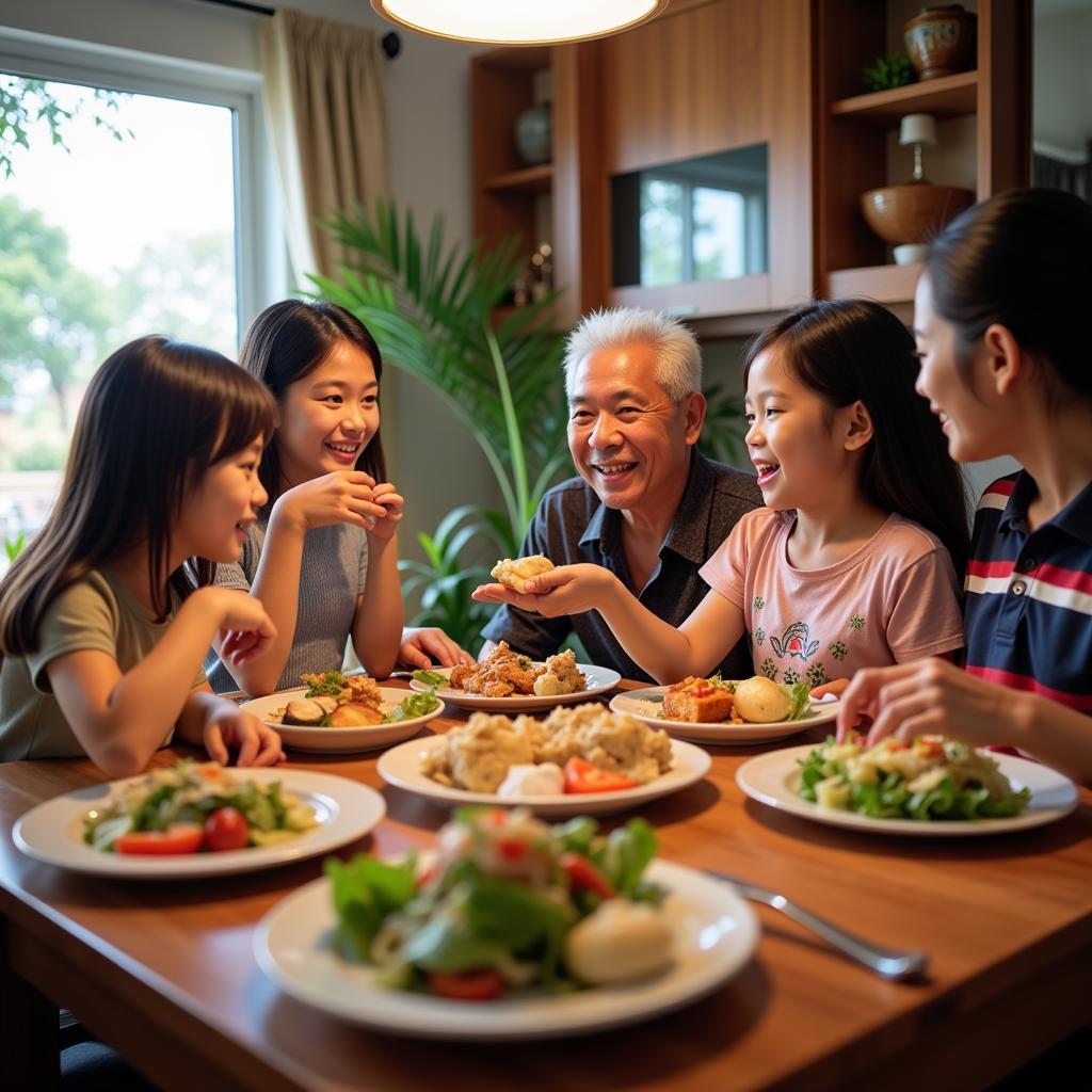 Family enjoying a meal together at a Tanjung Sepang homestay