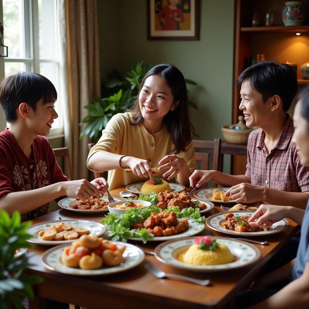 A family gathers for a meal in a Thac Ba homestay.