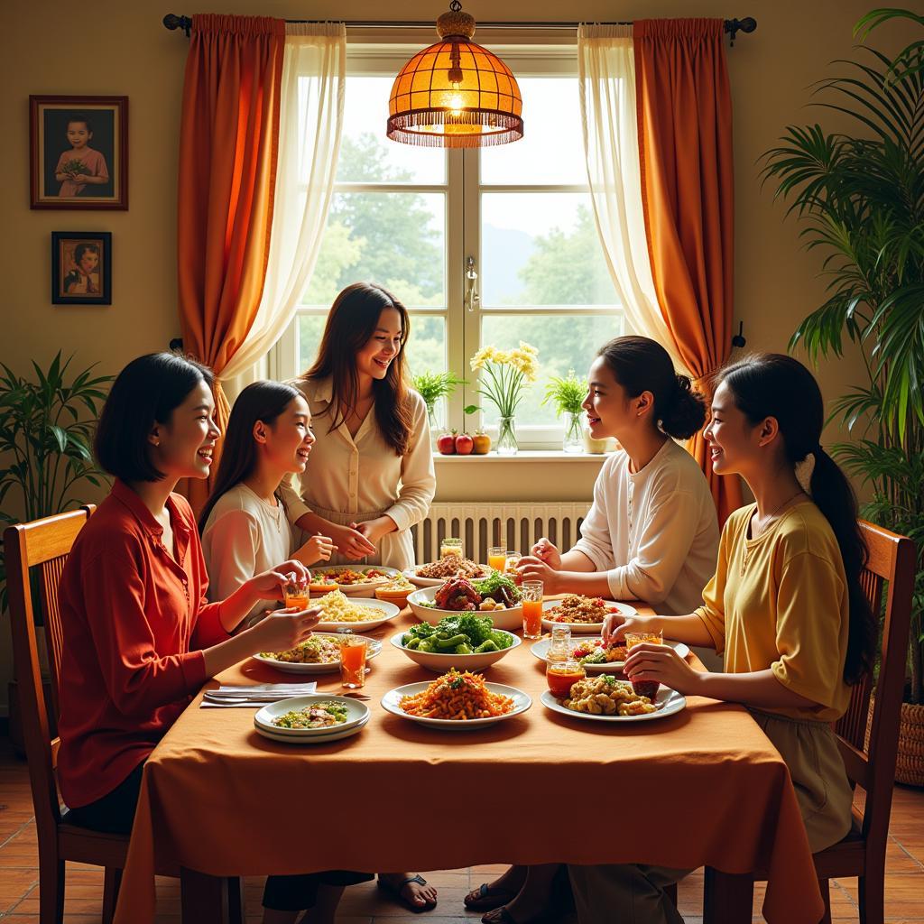 A Thai family enjoys dinner with their homestay guest