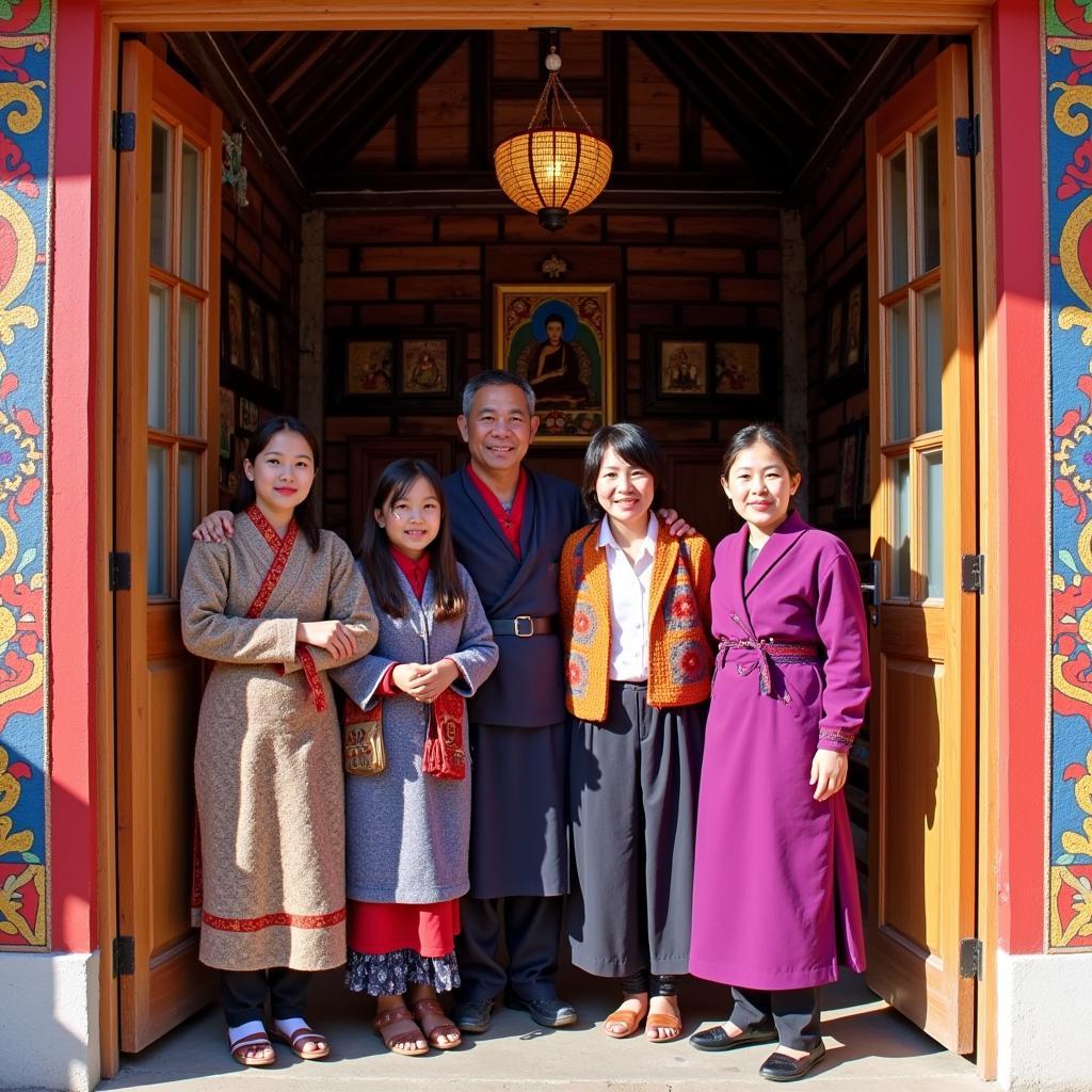 Tibetan family welcoming guests in their traditional home