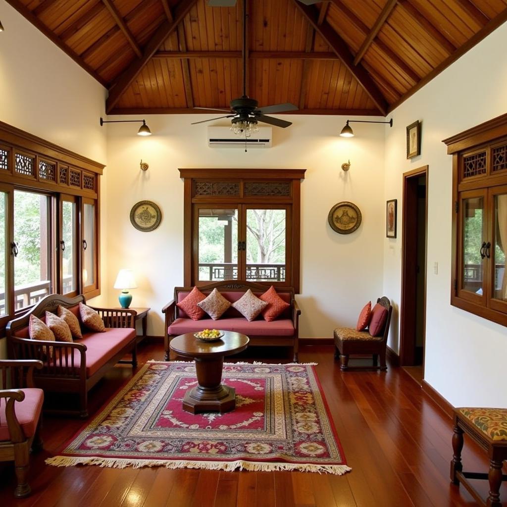 Cozy interior of a homestay in Timoho, Yogyakarta, showcasing traditional Javanese decor and comfortable furnishings.