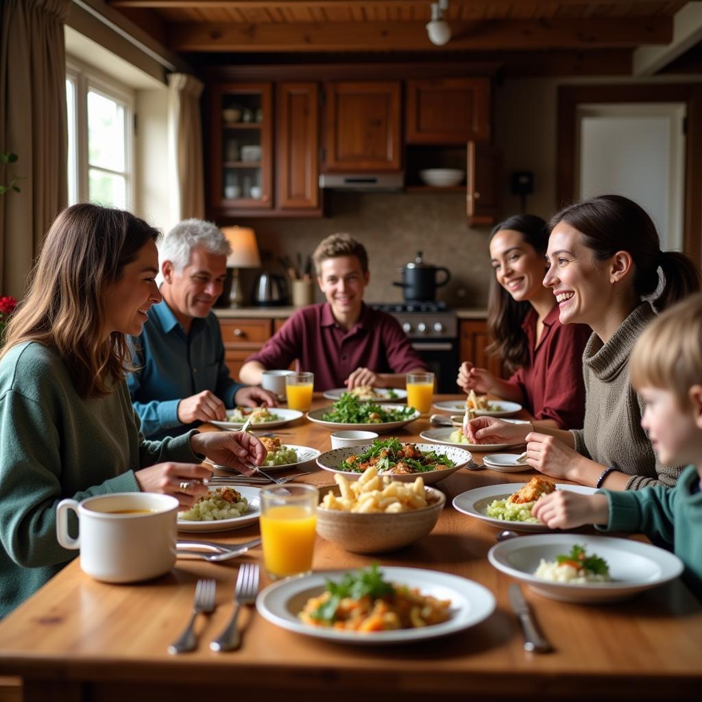 Traveler enjoying a home-cooked meal with a homestay family