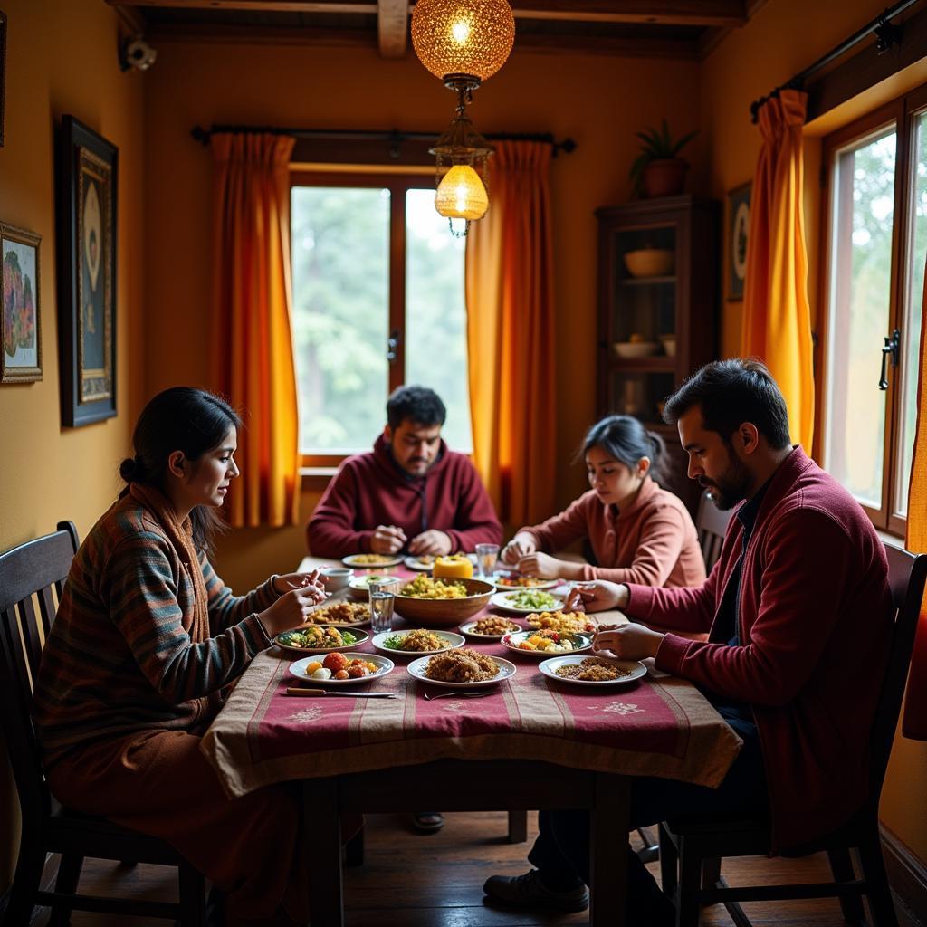 Guests enjoying a traditional meal in a Uttarakhand homestay dining area