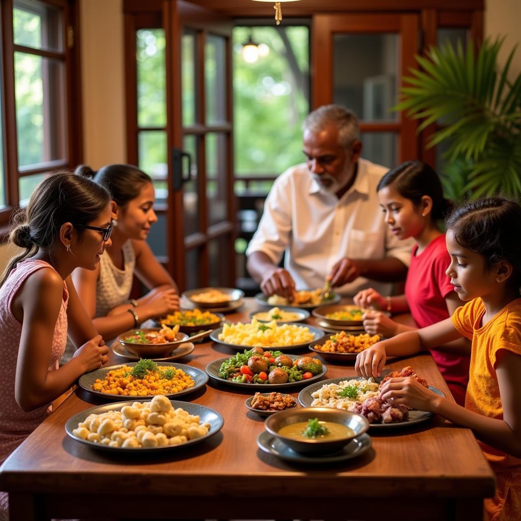 A family enjoying a traditional South Indian dinner at their Valparai homestay.