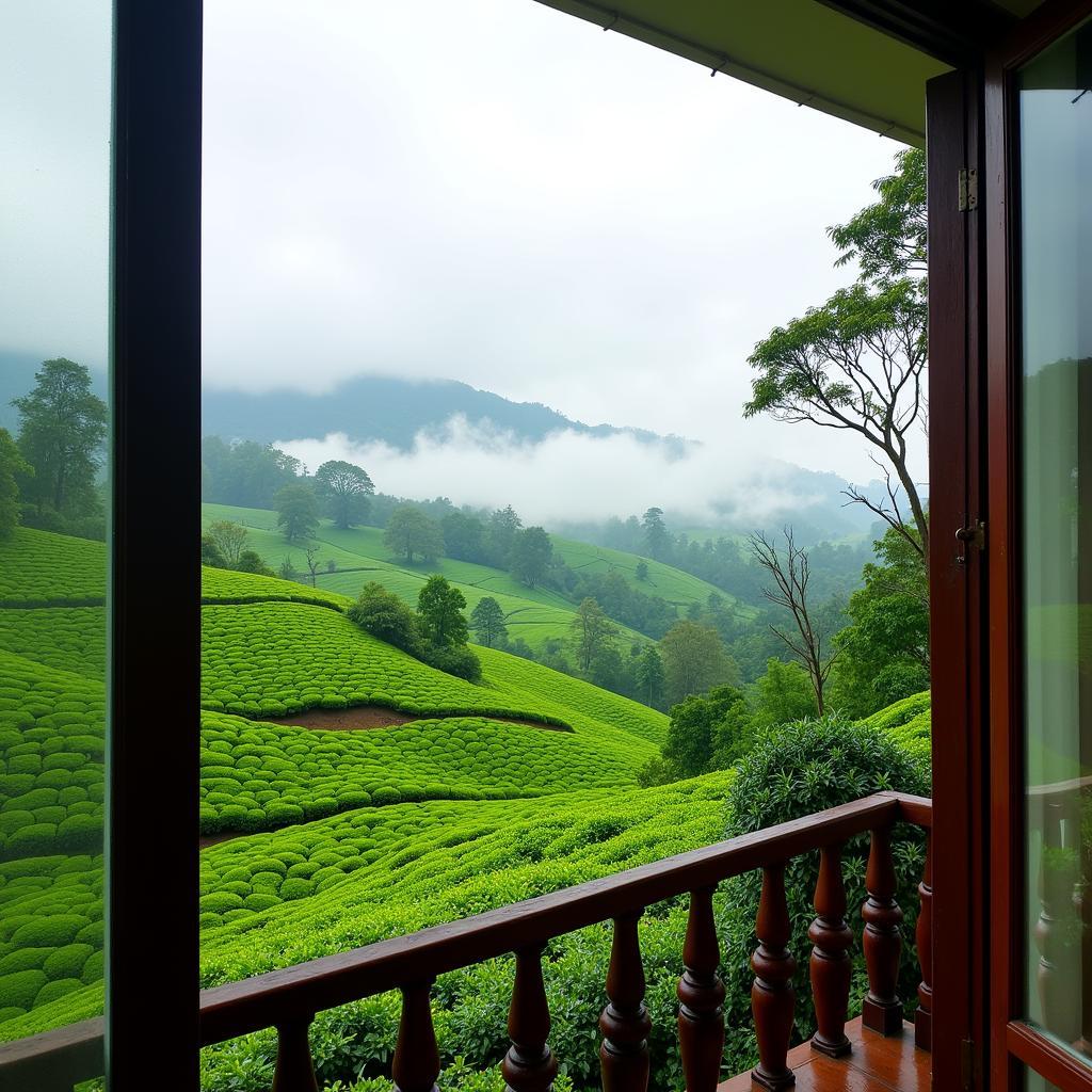 Scenic view of tea plantations from a Valparai homestay balcony.