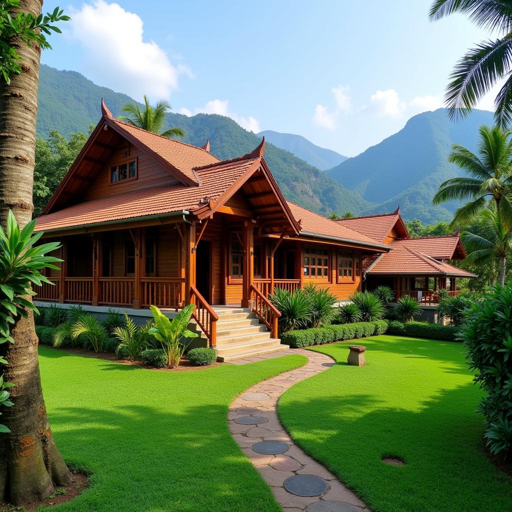 Exterior view of a traditional Wayanad homestay with lush greenery and mountain views.