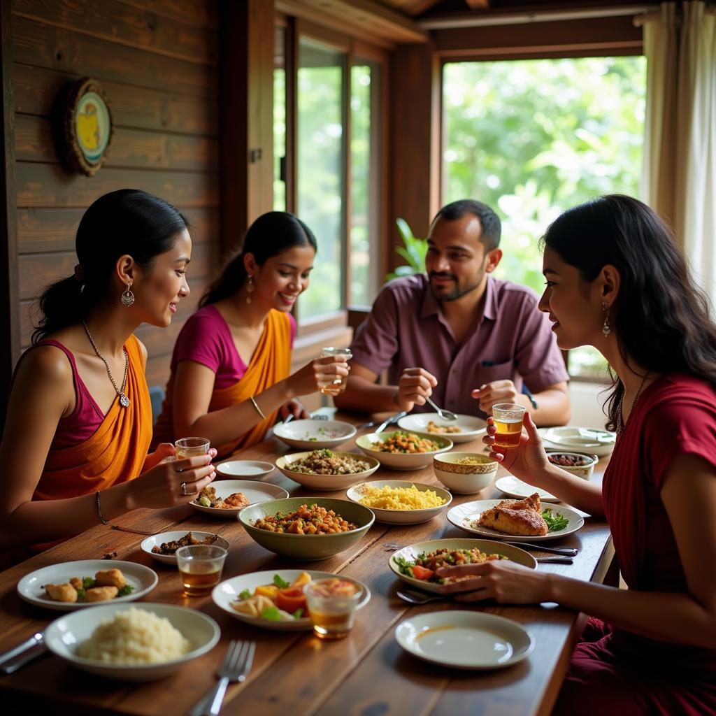 A family sharing a traditional Kerala meal with their homestay guests in a warm and inviting setting.