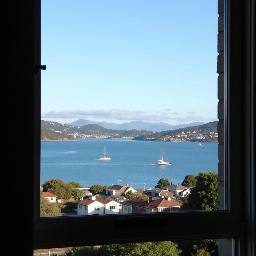 Wellington Harbor View from Homestay: A breathtaking panoramic view of Wellington harbor as seen from the window of a homestay, highlighting the stunning natural beauty surrounding the city.