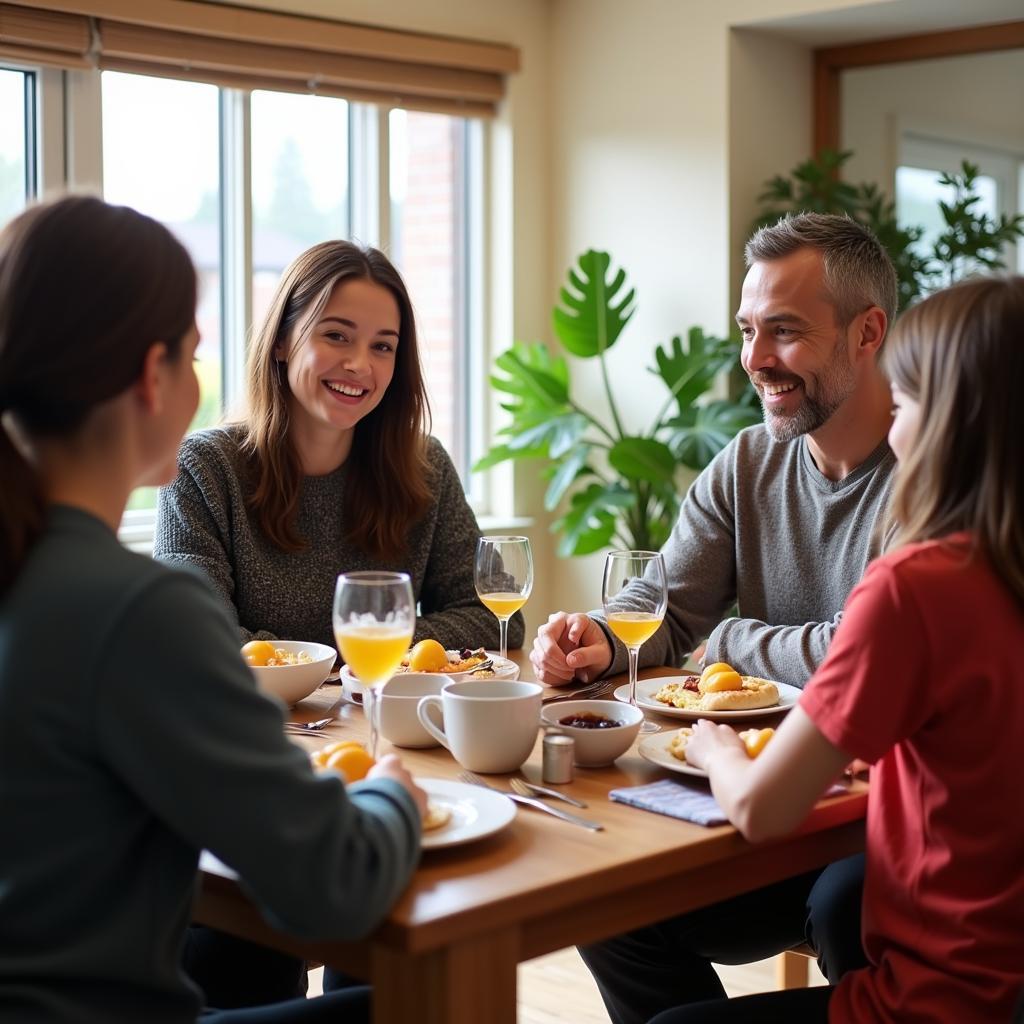 Wellington Homestay Family: A warm and welcoming Kiwi family gathers around the dinner table in their cozy Wellington home, ready to share a meal and conversation with their homestay guest.