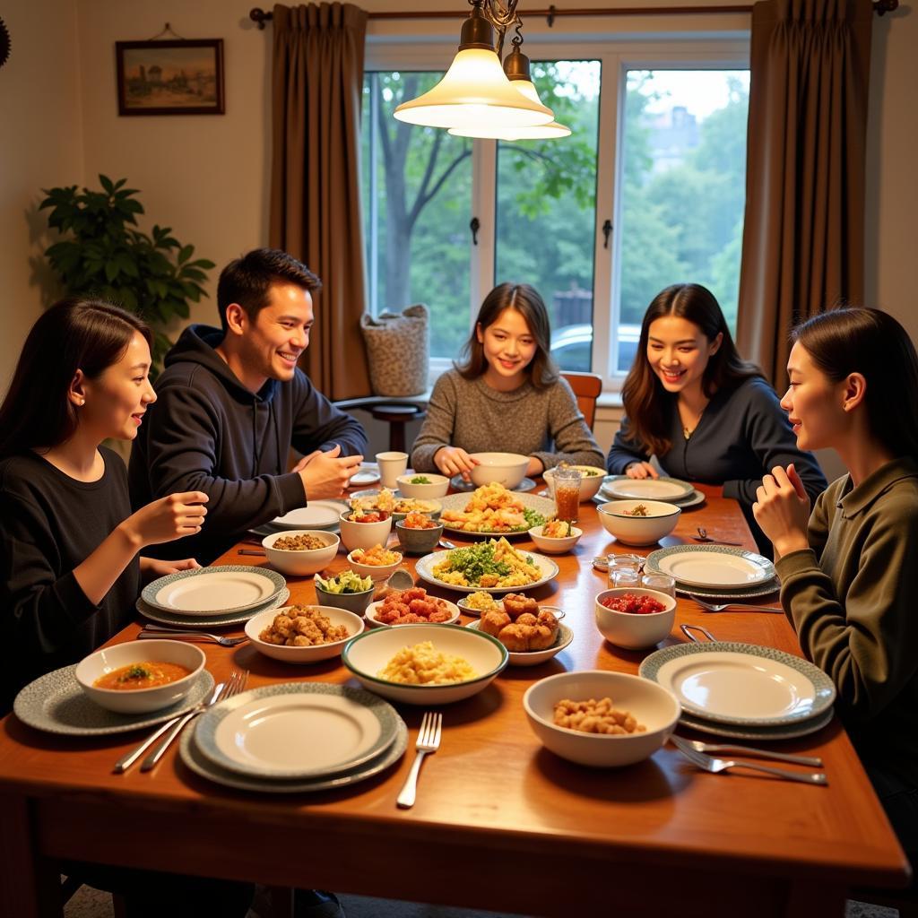 A warm and inviting family dinner at Ahn Homestay, sharing stories and laughter.