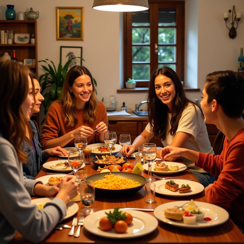 A warm and welcoming Spanish family gathers around a table laden with traditional food, smiling and ready to share their culture with homestay guests.