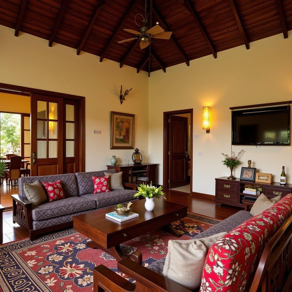 Interior view of Agrapana Homestay, showing a cozy living room with traditional Javanese decor and comfortable seating.