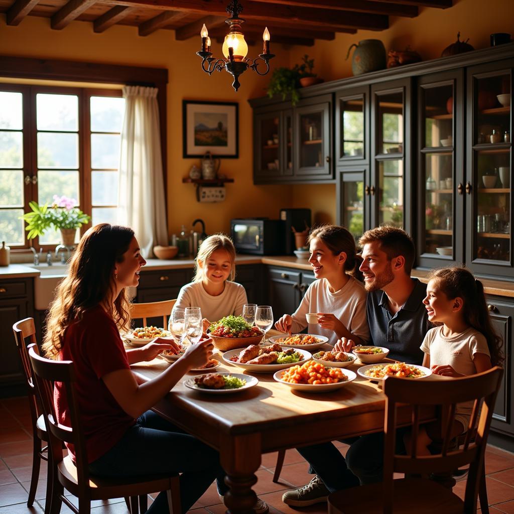 A warm and inviting scene of a family enjoying a meal together in a traditional Spanish home.