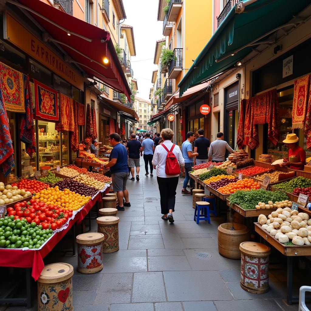 A bustling local market in a Spanish village, filled with fresh produce, local crafts, and vibrant colors.